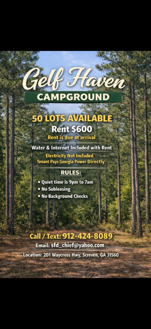 Gelf Haven Campground flyer showing pine woods and campground information
